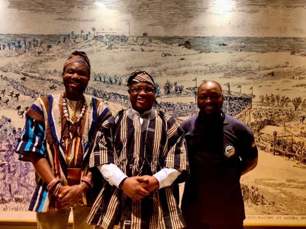 Kacstone Records Managing Director and partners in traditional smocks at the Kempinski Hotel, Accra